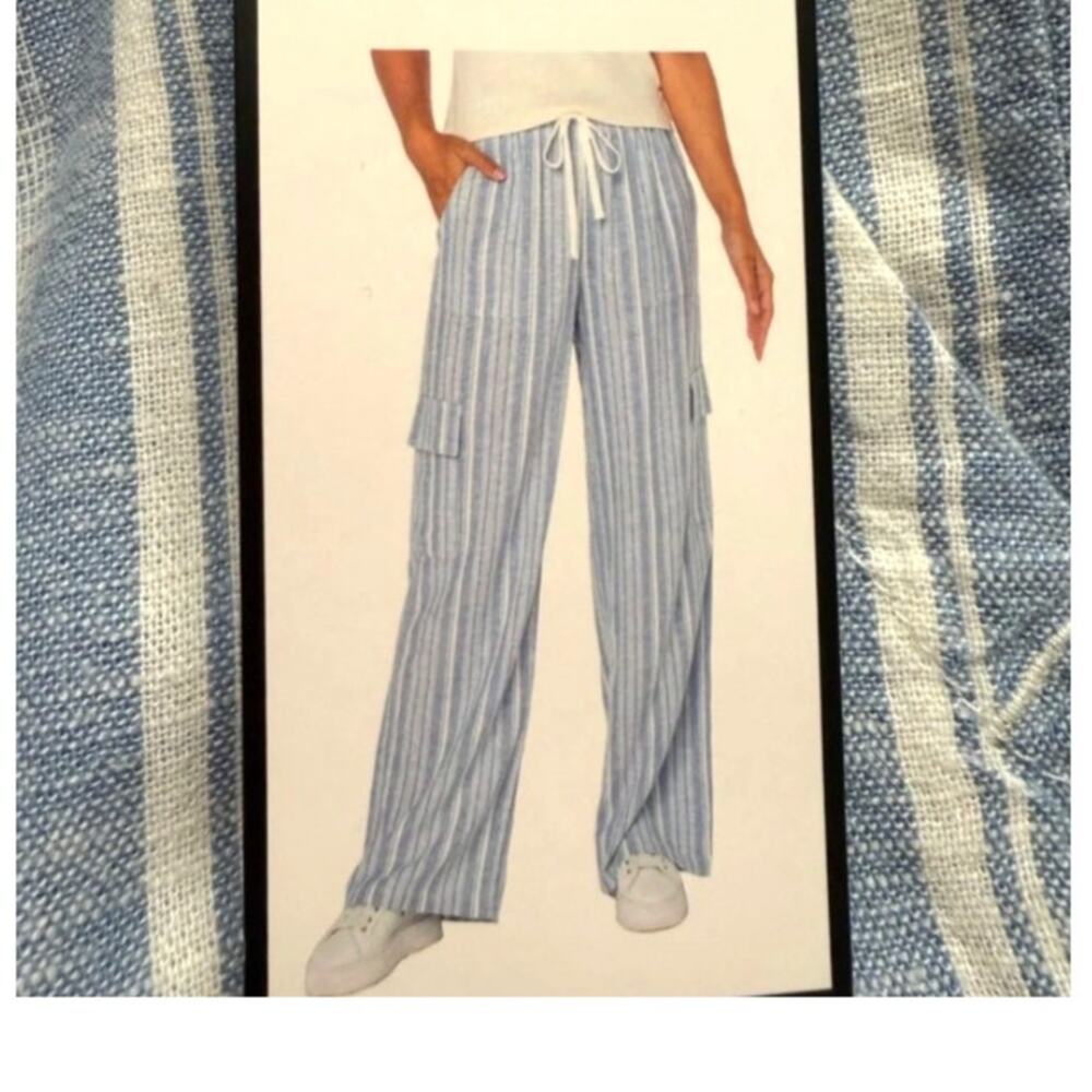 Roxy Linen Blend Pants Elastic Waist Pull-On Striped Cargo Pockets Beachy XL